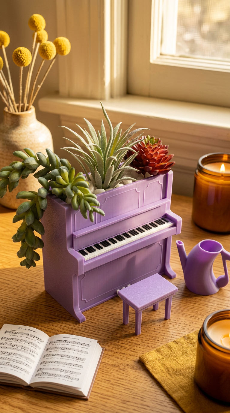 Purple piano planter with succulents